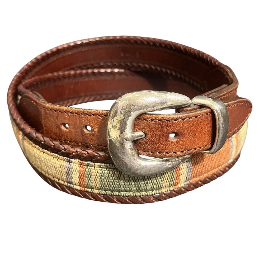 Brighton‎ Plaid Canvas Leather Belt Mens 40 Brown Woven Trim Western Buckle